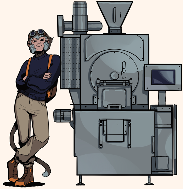 Capuchin character leaning on coffee roaster (colorized)