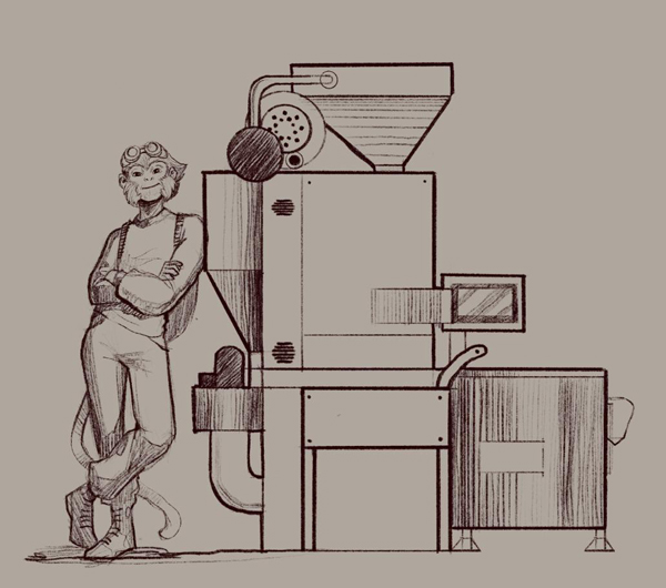 Capuchin character leaning on coffee roaster (sketch)