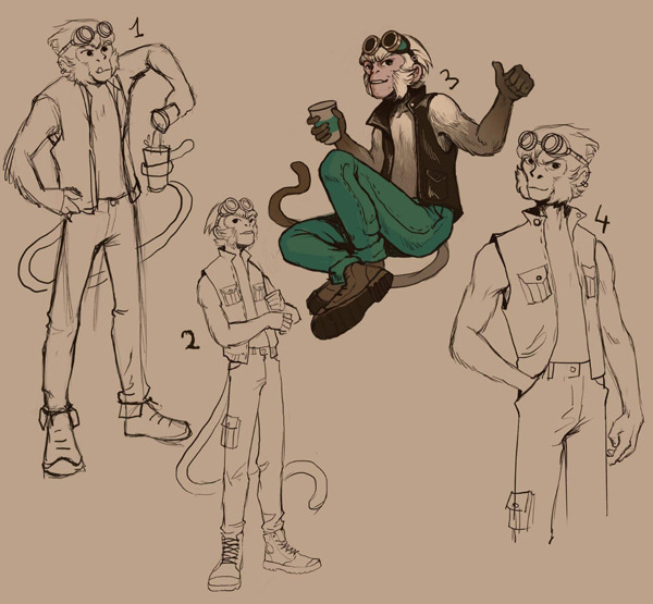 Capuchin character in various poses both sketch and colorized